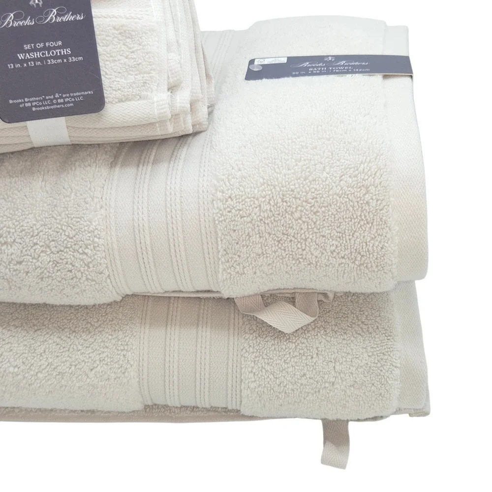 Brooks Brothers 8pc Sand Greige Cotton‎ Towel Set 2 Bath 2 Hand 4 Washcloths